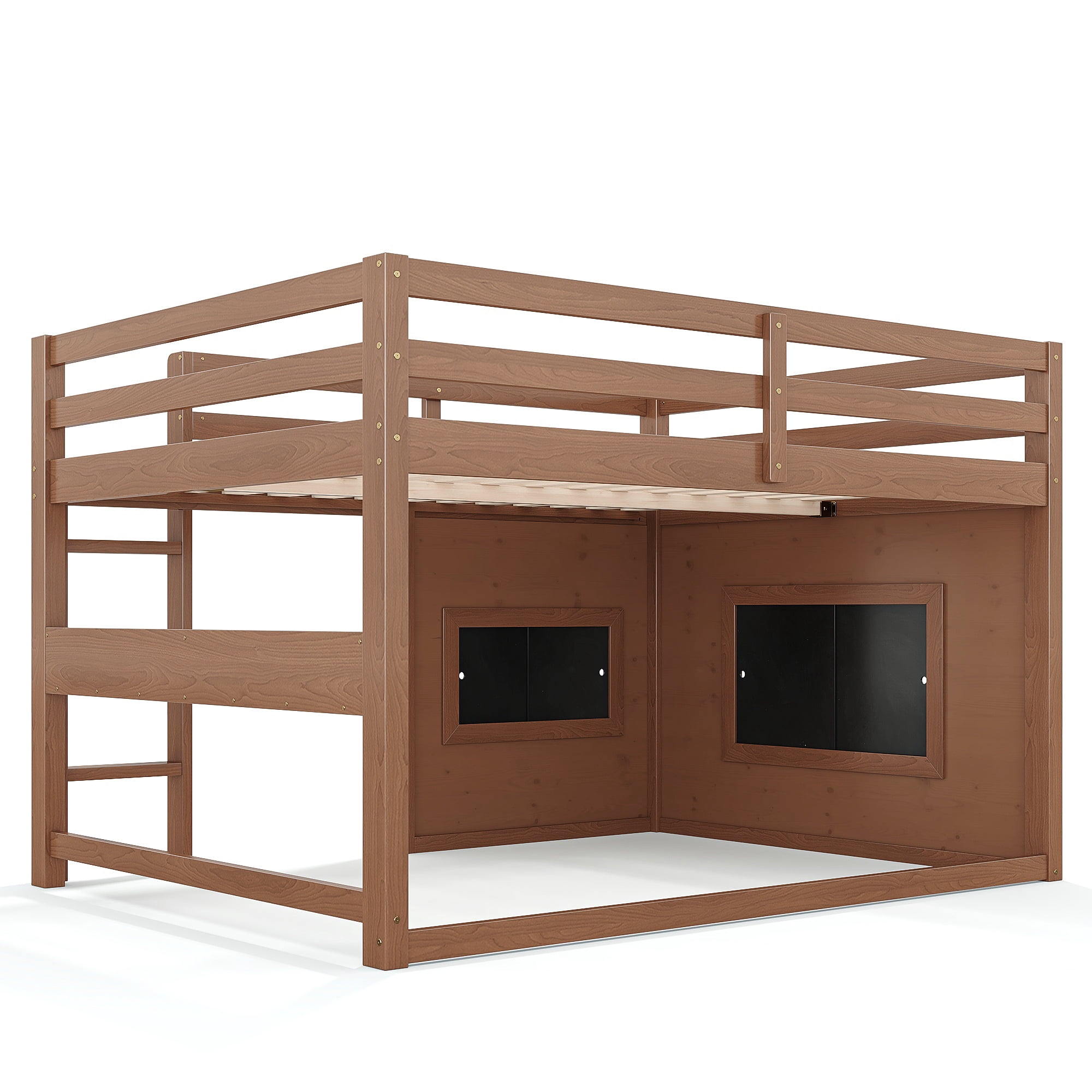 Leumius Full Size Loft Bed with Storage Shelves,Solid Wood Low Loft Bed Frame with Chalkboard and Bookshelf,Space Saving,Natural