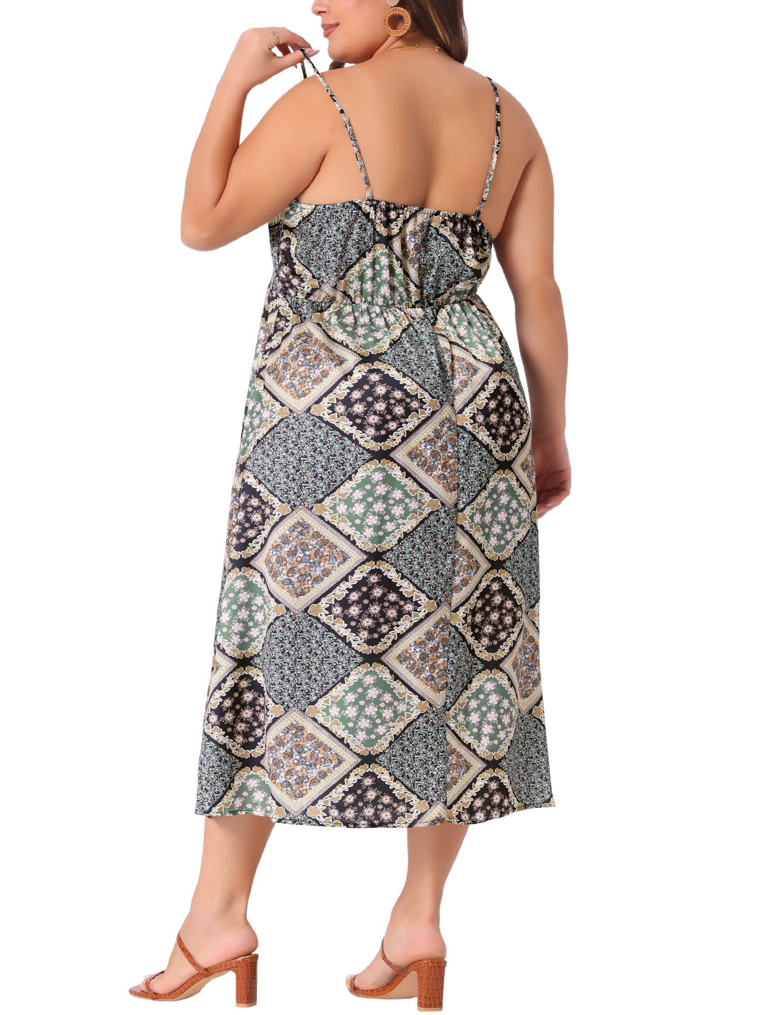 DARING DIVA Plus Size Boho Bohemian Spaghetti Strap Midi Dress 1X Green Brown