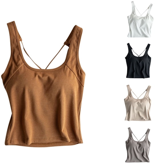 lcziwo Débardeur en Coton pour Femmes avec Soutien-Gorge Intégré Dos Croisé Col en U Camisole Ajustée Extensible pour Entraînement sous-Vêtement en Solde Kaki P