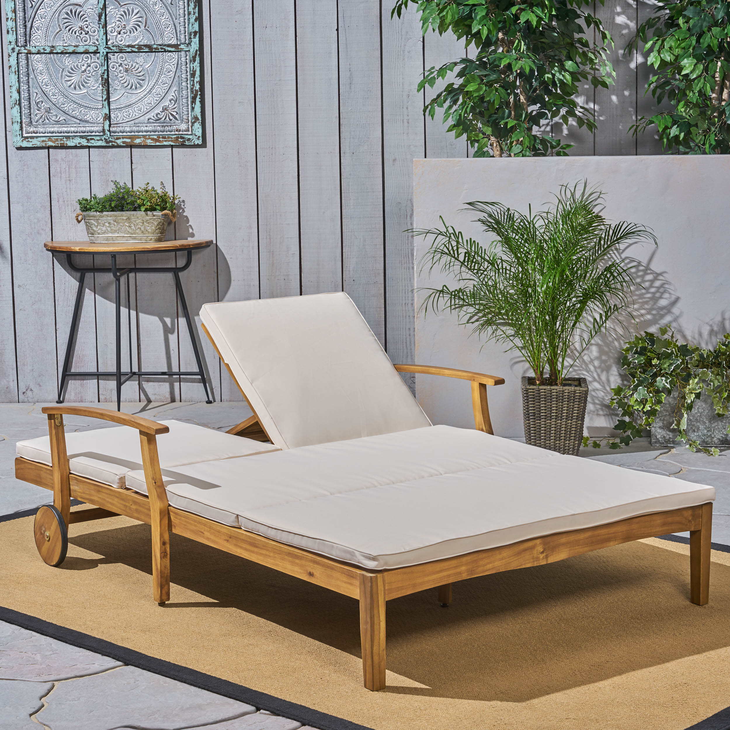 Danielle Outdoor Acacia Wood Double Chaise Lounge with Cushion, Teak, Cream - image 2 of 6