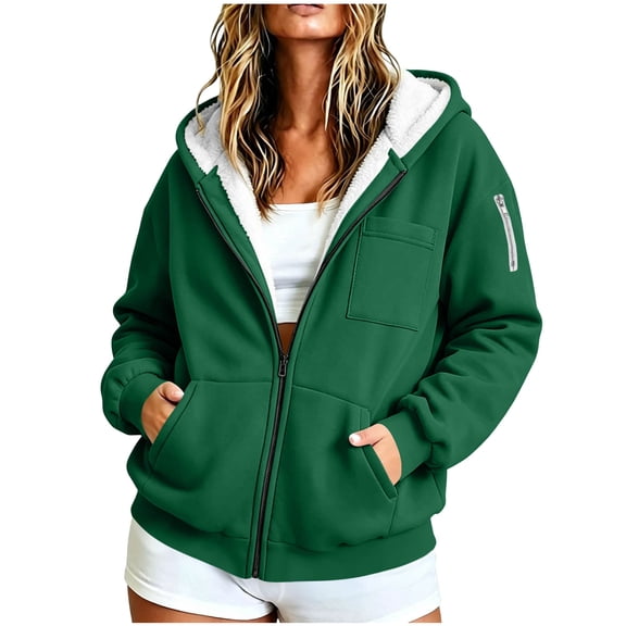 Admvng Women's Hooded Jacket Plus Size Sherpa Drawstring Hood Pocket Warm Winter Hoodie Coat