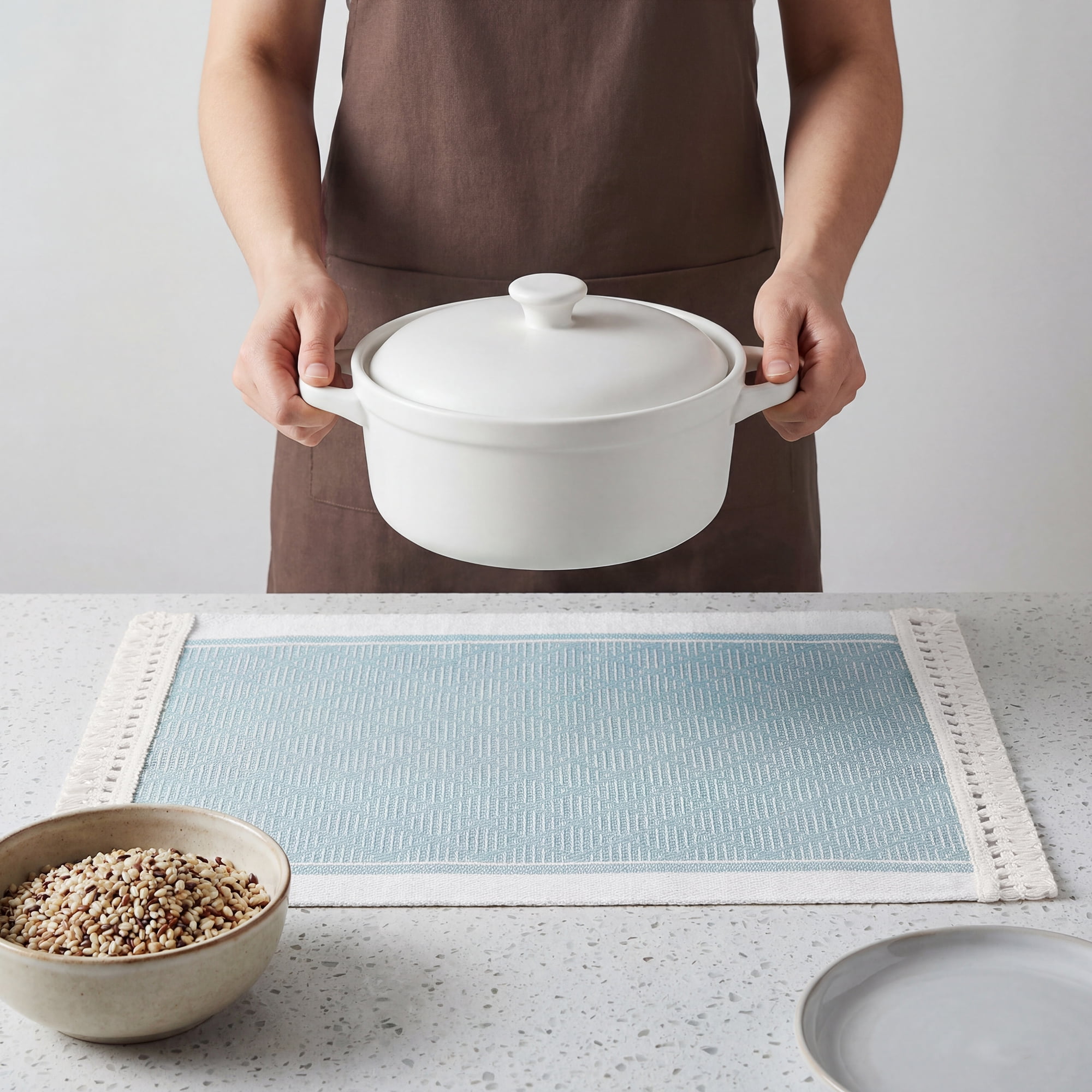 Unique Bargains Set of 4 Linen Farmhouse Placemats Light Green/White 17.7x13.8inch