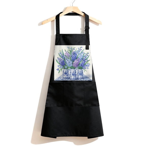 RKSupls Waterproof Bib Apron with 3 Pockets, Blue Hydrangea Wildflower Adjustable Neck Strap Soft 100% Polyester Water Resistant Apron for Kitchen Restaurant Home Use