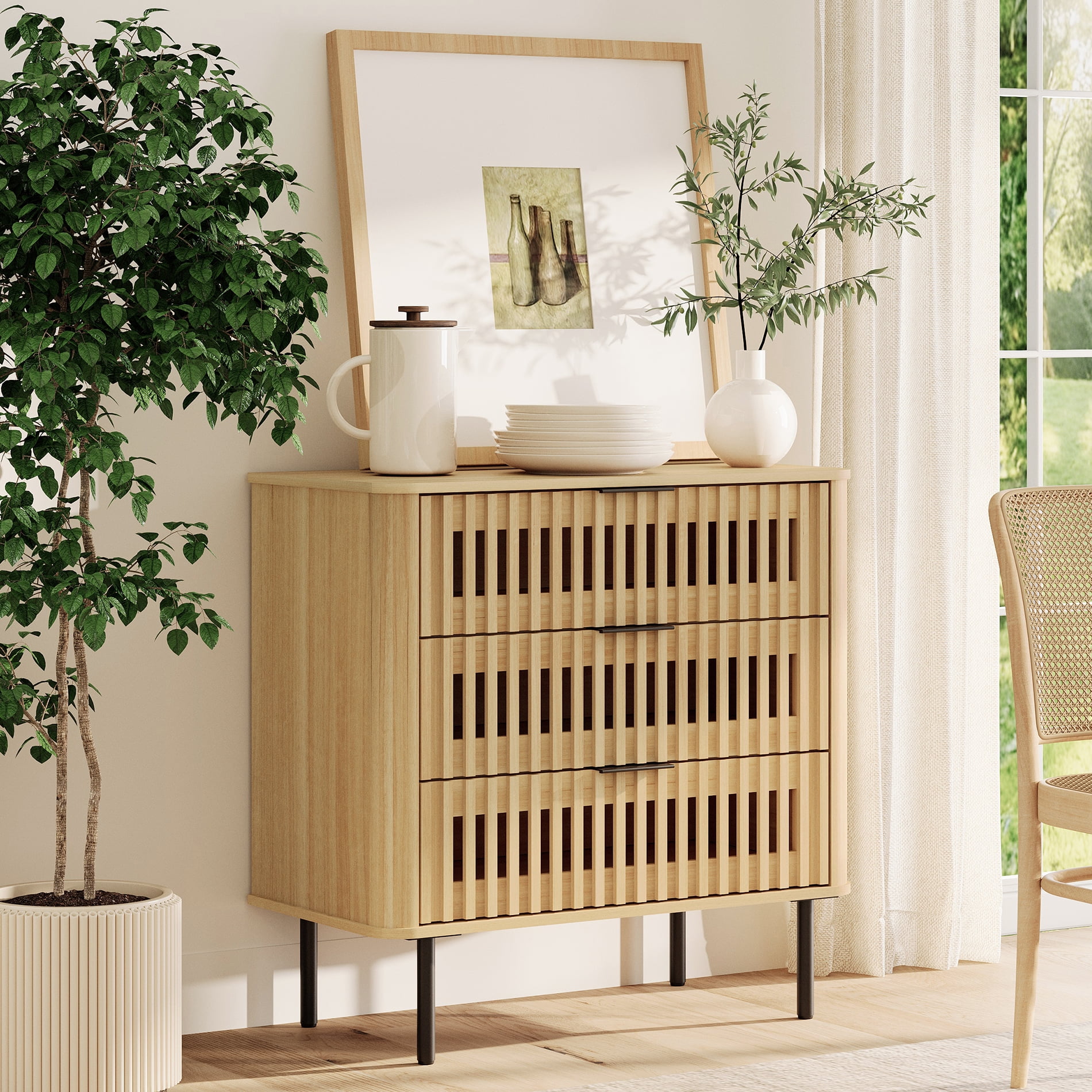 31.5" W Modern TV Stand with 3 Slatted Storage Drawers, Mid-Century Modern Media Console for Living Room/Bedroom, Walnut