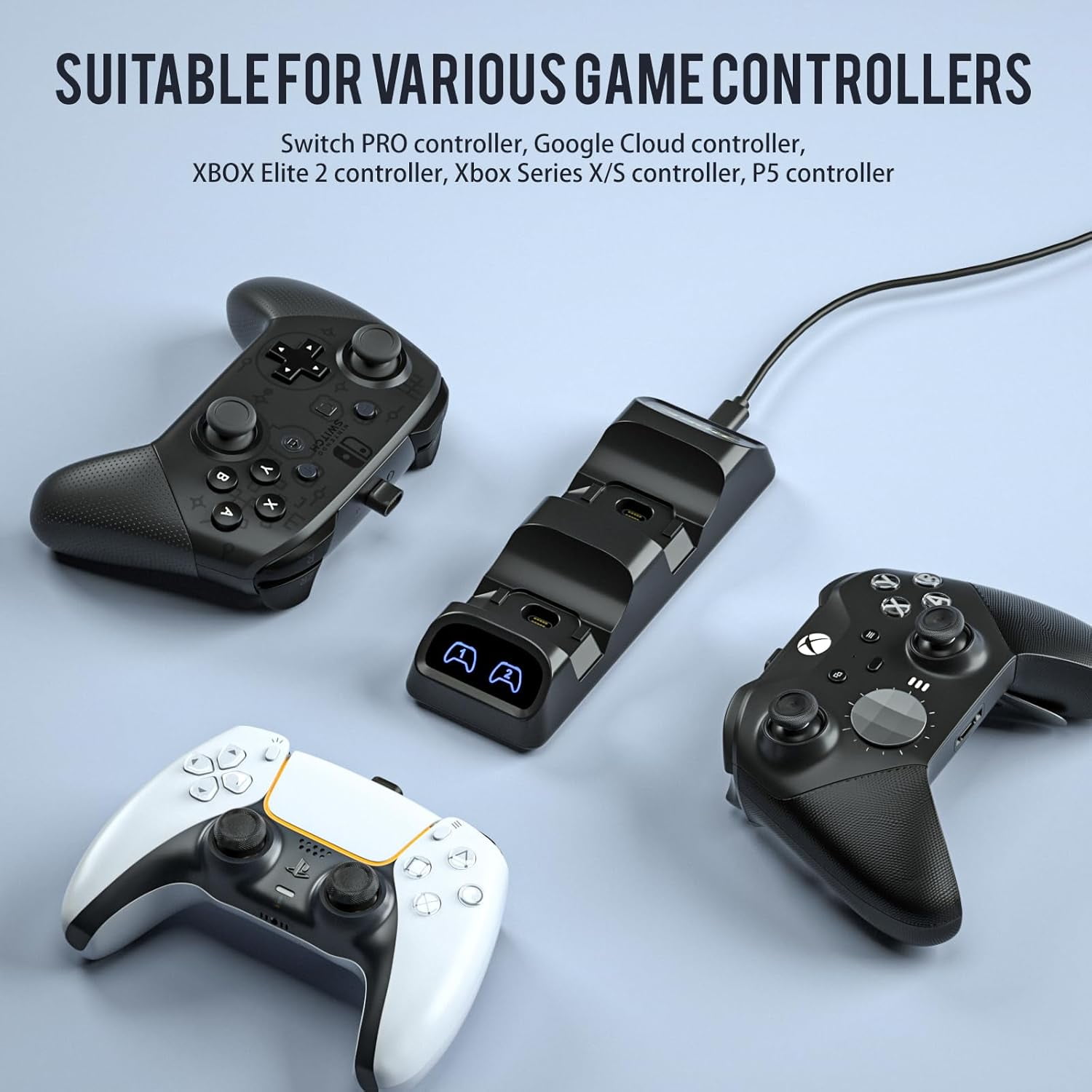 Switch Controller Charger, Fast Charging Dock for Switch 2 Pro Controller 2025, Xbox Series X/S, PS 5, and Type-C Gamepads – Dual Charger Station with LED Indicators, and Type-C Adapter