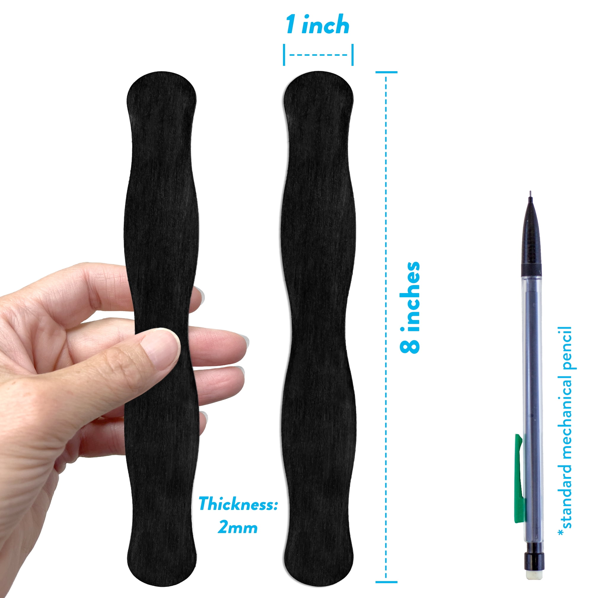 100 Pack Black Painted Wavy Craft Sticks for Fan Handles, Craft Supplies, Wedding Fans, Auction Paddles, 8 Inch Jumbo Black Popsicle Sticks