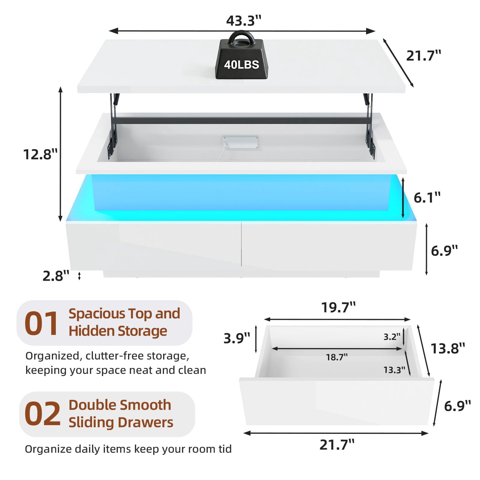 ANPOO 43.3" High-Glossy LED Coffee Table with 2 Sliding Drawers, Lift top Storage Coffee Table with Power Outlet and LED Lights for Living Room, Modern Stylish Double-Layer Center Tables, White