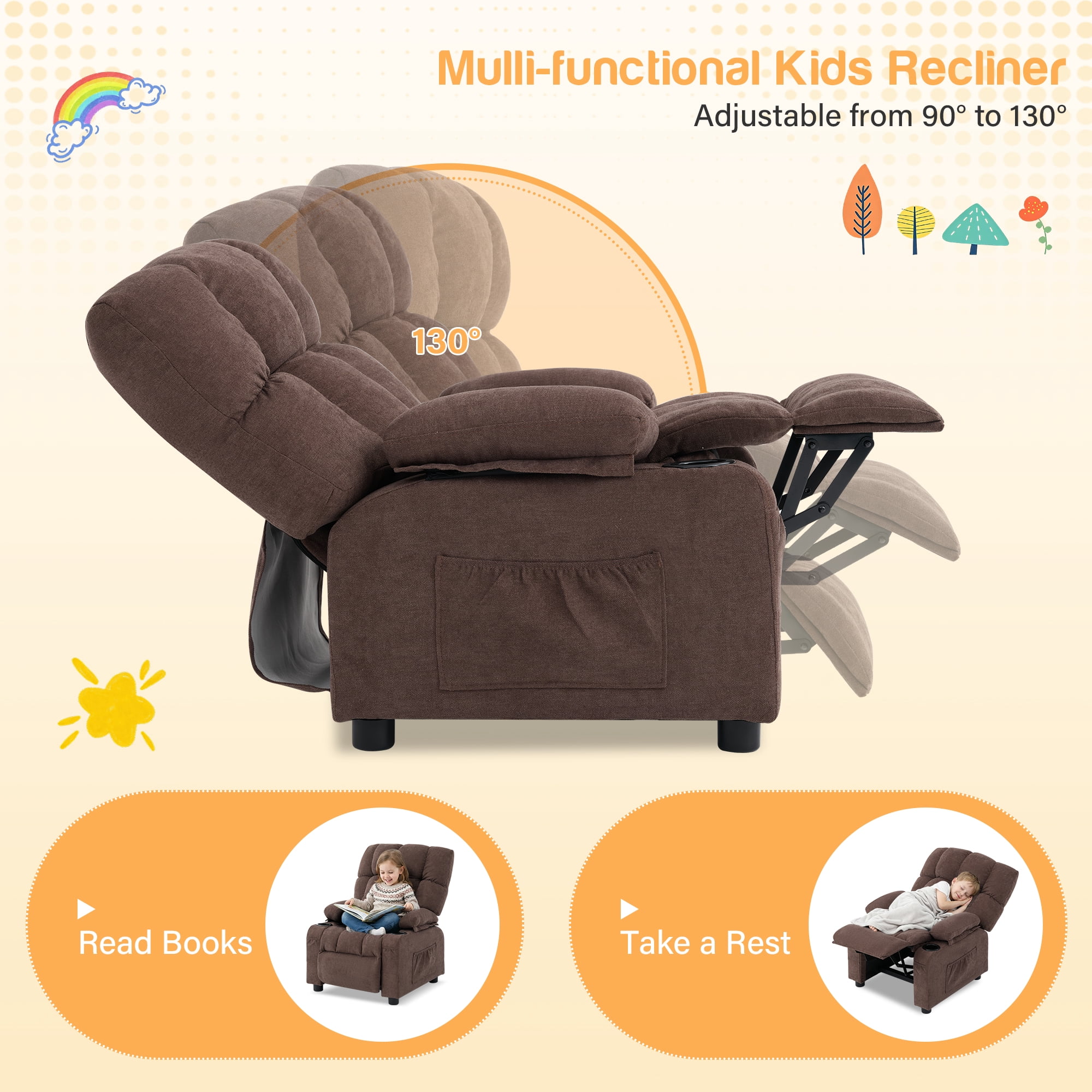 JONPONY Kids Recliner Chair,Push Back Toddler Recliner with Cup Holders & Side Pockets，Adjustable Footrest & Headrest Kids Sofa for Boys Girls 3+ Age Group，Children's Bedroom Furniture ，Brown
