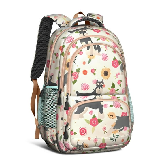Schnauzer Dog and Flower Backpack for School,Cute School Bag,Schoolbag with Adjustable Shoulder Straps & Padded Back,16.9 Inch