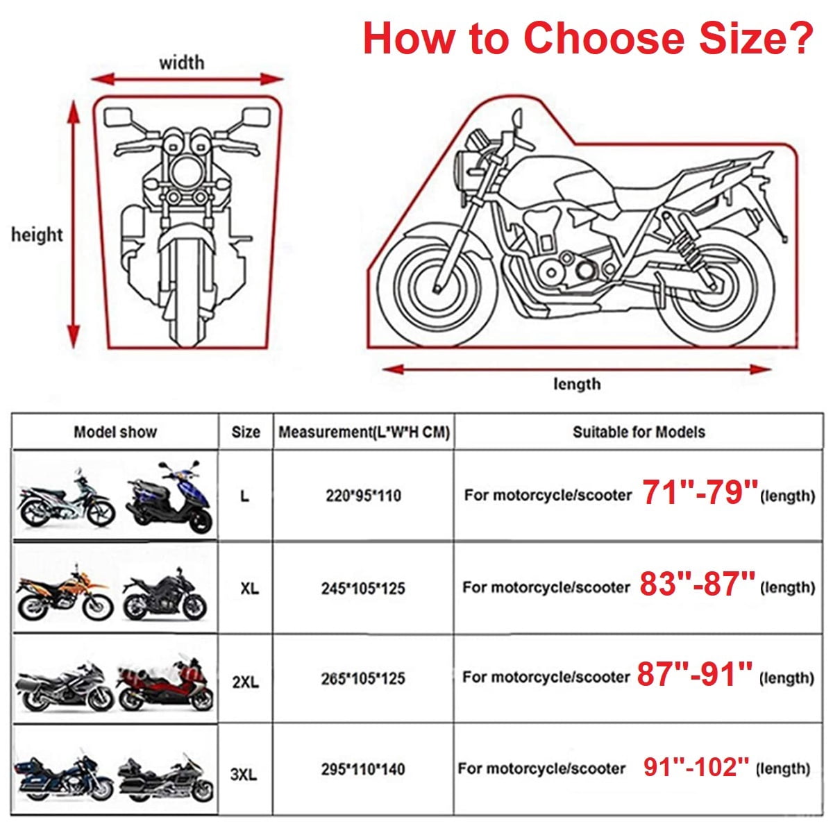 Motorcycle Cover Waterproof All Weather Universial Windproof UV Resistant Outdoor Protection with Lockholes, Black, L: 87x37x43 inch