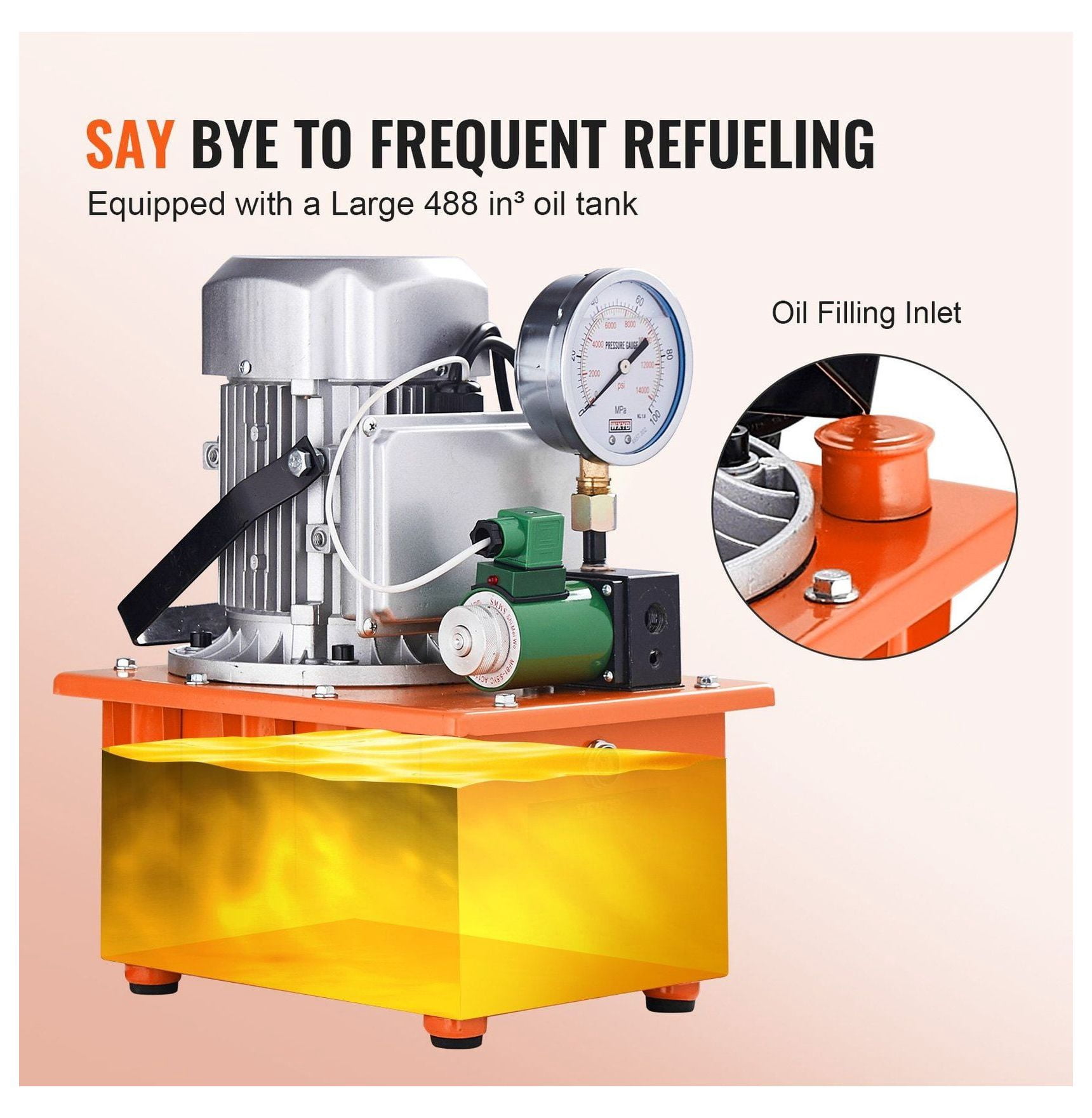 Electric Hydraulic Pump 10000 PSI 750W, 8L Capacity, Single Acting, 110V Power Pack with Pedal for Punching, Bending, Jack Machines - Extended Oil Reach