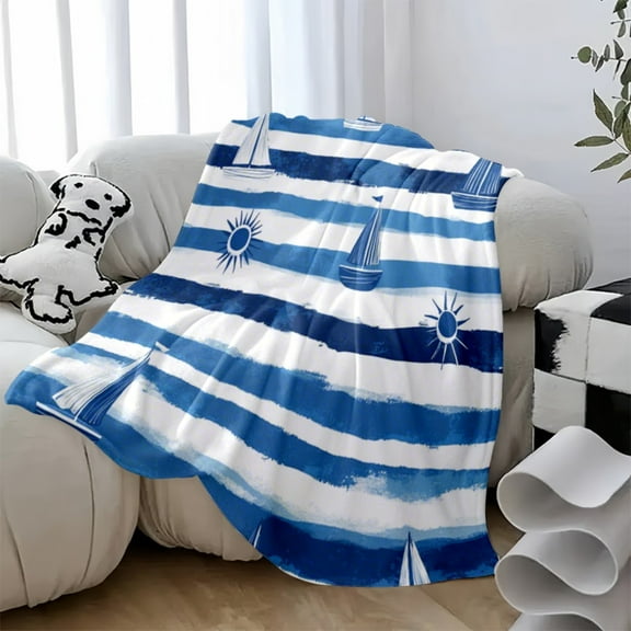 1pc Vintage Nautical Flannel Blanket - Sailboat & Sun Design with Blue & White Stripes, Soft All-Season Throw for Sofa, Bed, Camping, Travel