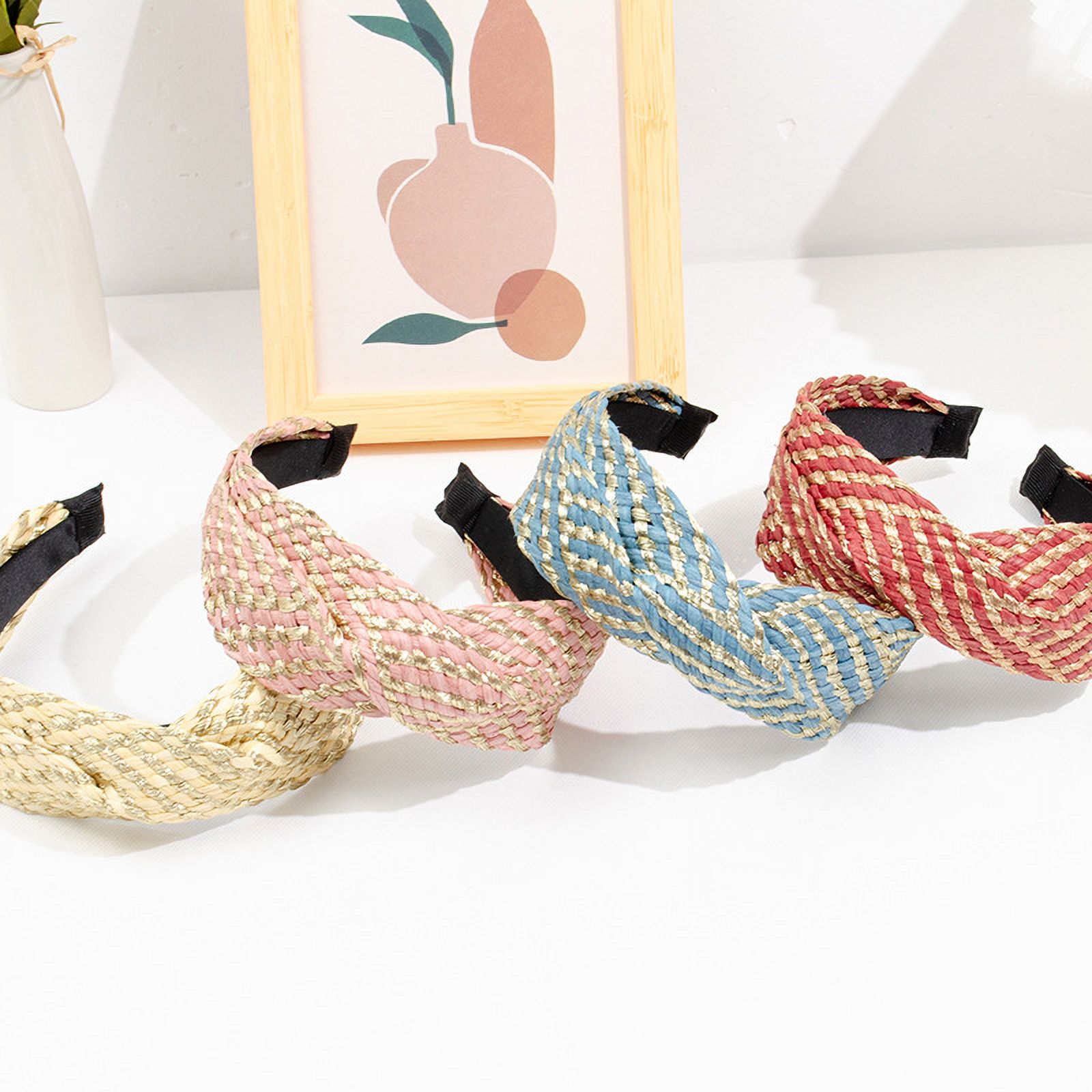 Knotted Raffia Headband, Wicker Braid Wide Top Knot, Summer Beach Hair Accessory 4PCS Knot Knotted Headbands for Women, Raffia Straw  main image 2