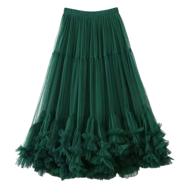 Falda midi acampanada de cintura alta con capas para mujer - Talla única, 64 cm de cintura, 92 cm de largo, elegante para fiestas, galas y eventos formales