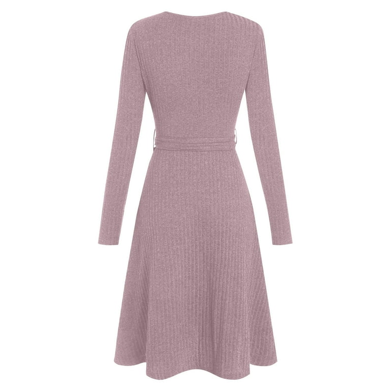 Feancey Casual Dresses for Women Long Sleeve V Neck Sweater Dress Ribbed Knit Swing Midi Dresses Solid Color Teacher Church Dress with Belt Purple L, Feancey Casual Dresses for Women Long Sleeve V Neck Sweater Dress Ribbed Knit Swing Midi Dresses Solid Color Teacher Church Dress with Belt Purple L,