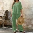 thumbnail image 6 of Costeam Womens Short Sleeve Two Piece Linen Cotton Outfit Solid V Neck Top Drawstring Wide Leg Pants Side Pocket High Waist Loose Casual Matching Set Tracksuit, 6 of 7