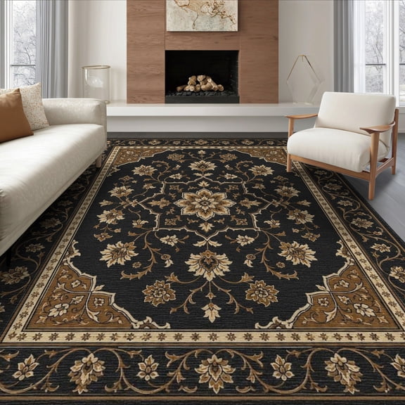 ODIKA 8'x10' Washable Area Rug Non-Shedding, Easy Care, Black Gold Elegance with Floral Vine Motifs Elegant Symmetrical Design Intricate Border for King Size Bedroom Under Bed, Master Suite