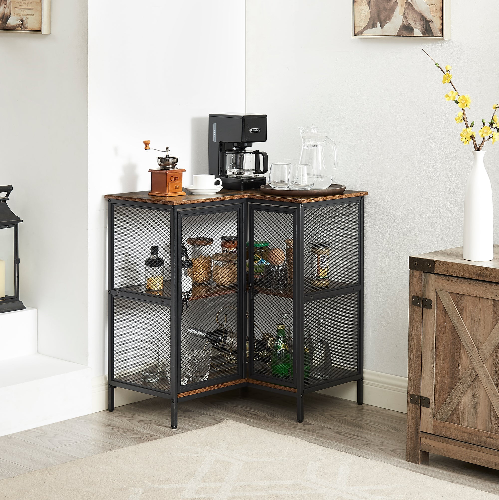 VECELO 3-Tier Corner Cabinet with Doors and Storage Shelves, L-shaped Free-Standing End Table, for Small Space Living Room Home Office Kitchen, Brown