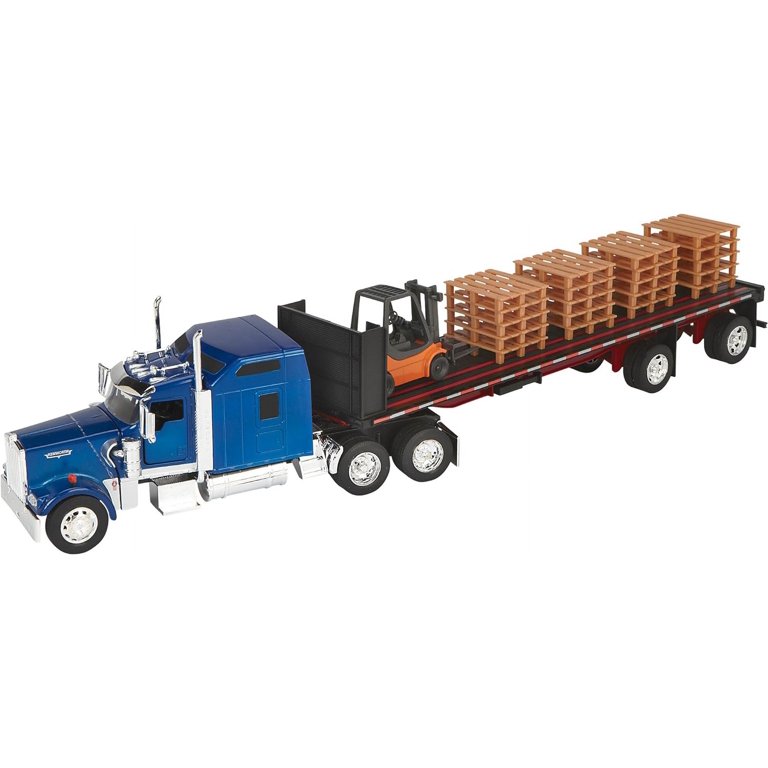 Kenworth W900 Truck with Flatbed Trailer Blue with Forklift and