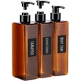 thumbnail image 1 of shiyou-Shampoo Bottles, 3pcs 500ml Refillable Pump Dispenser with Labels, 16.9oz Empty Reusable Plastic Press Bathroom Hotel Shower Containers for Shampoo Conditioner Body Soap Hand Soap Gel Amber, 1 of 4