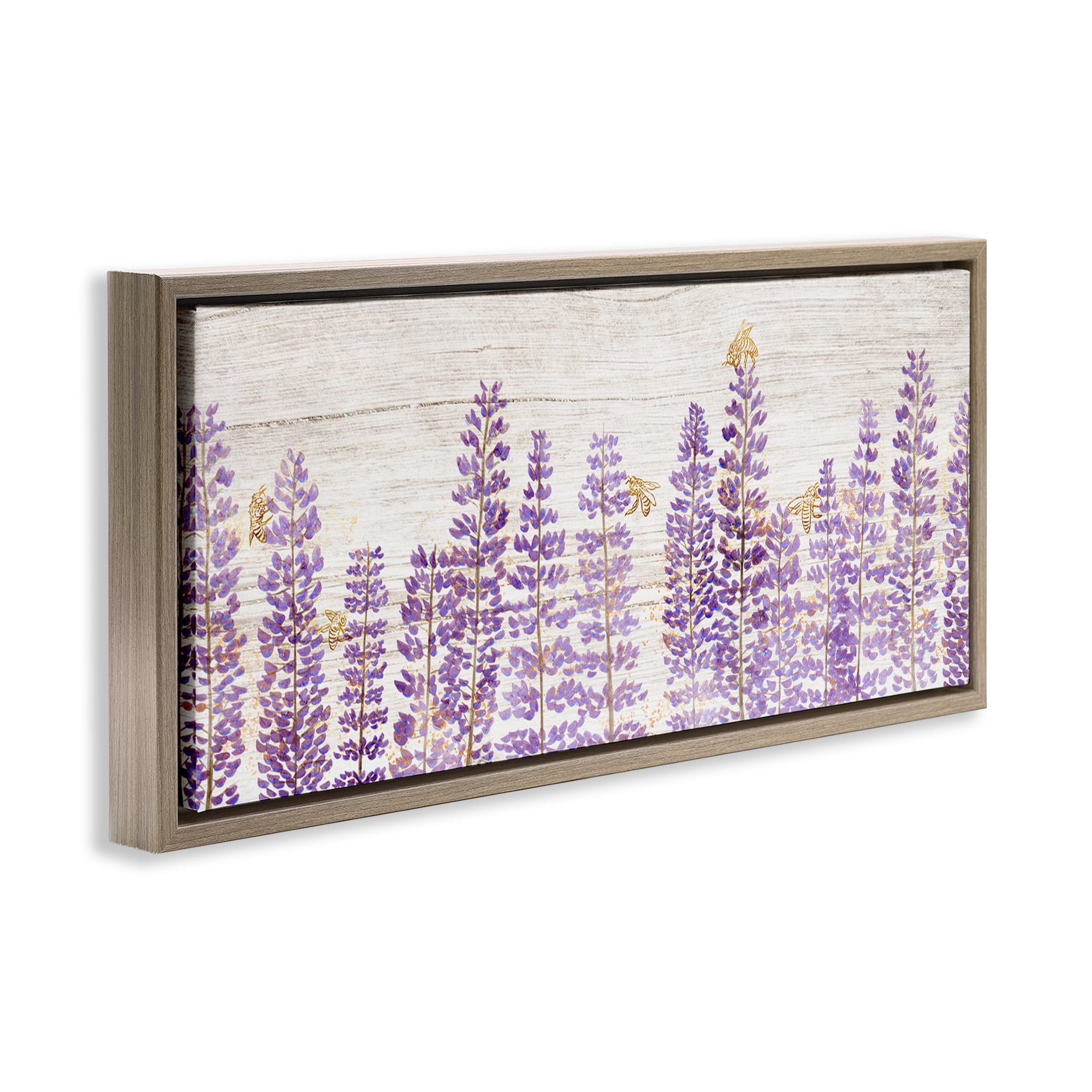Stupell Industries Rustic Purple Lilacs & Bees Botanical & Floral Painting Brown Floater Framed Canvas Art Print Wall Art, 31 x 14