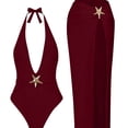 thumbnail image 6 of Swimwear One Piece One Piece Swimsuit with Cover up Skirt Maxi Swimwear Sets for Women Tie Neck Bathing Suits Vacation Beach Dresses Wine XL, 6 of 6