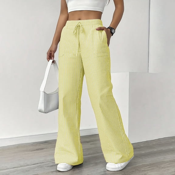 Cagogo Striped Wide Leg Lounge Pants for Women Elastic Waist Casual Long Trousers with Pockets Fashion Comfortable Home Outdoor Wear, Yellow 2XL