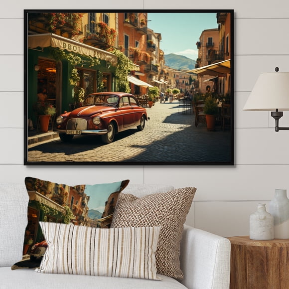 Designart art Mural Encadré Surdimensionné Italie, art Mural Encadré Italie, Dolce Vita Italienne en Italie, art Mural Traditionnel Noir Marron, Cadre Noir 32x16 Pouces