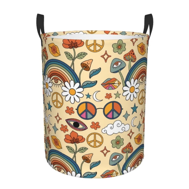 Balery 70s Hippie Style Cesta de ropa redonda con asas, impermeable, independiente, para ropa, juguetes, dormitorio y familia-Medium