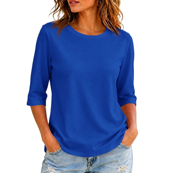 Sewkxo Women's Casual 3/4 Length Sleeve T-Shirts Loose Crewneck Tops Basic Cotton Solid Tees Blouses Plus Size Fit Blouse,Royal Blue S