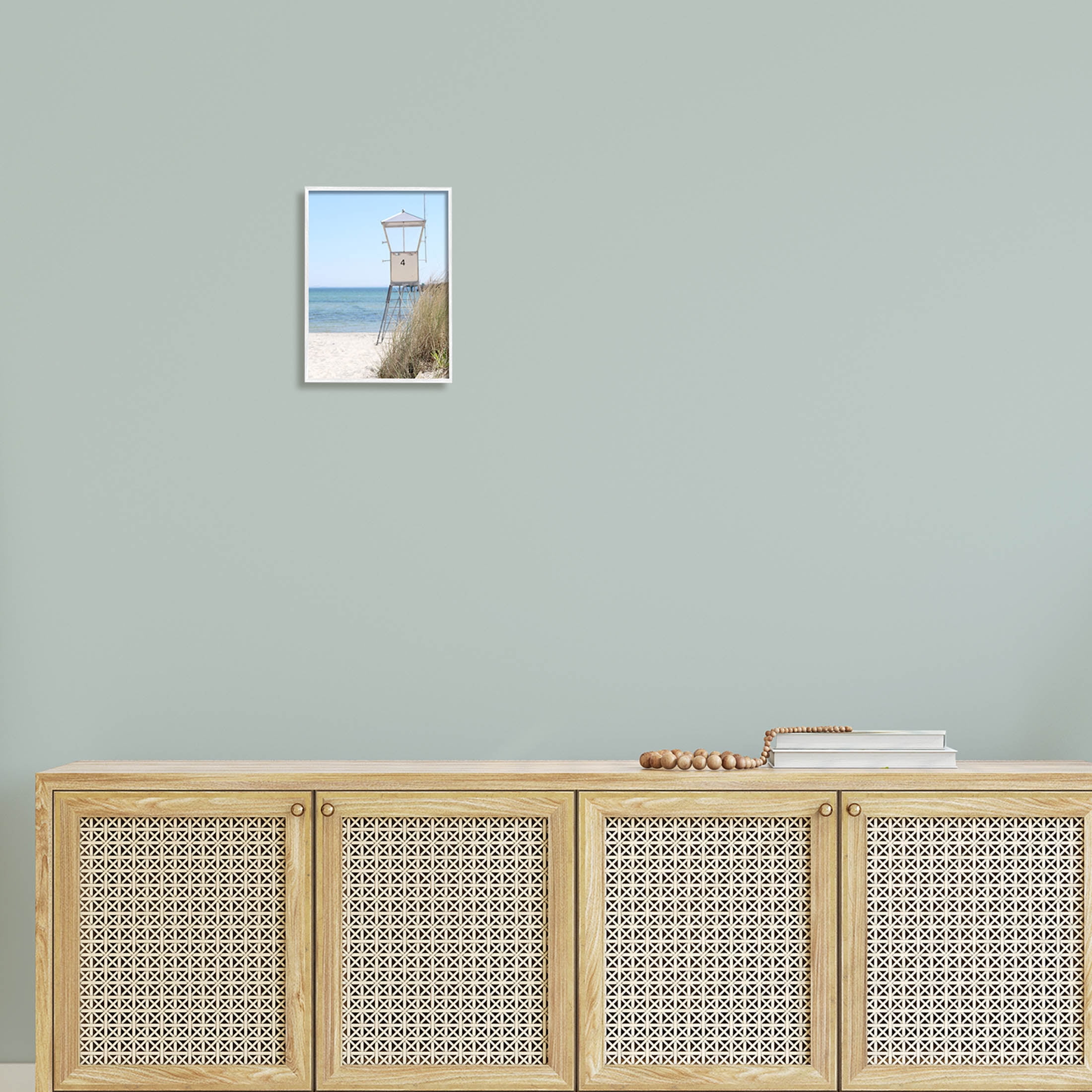 Summer Beach Hut Clear Skies Coastal Photograph White Framed Art Print Wall Art