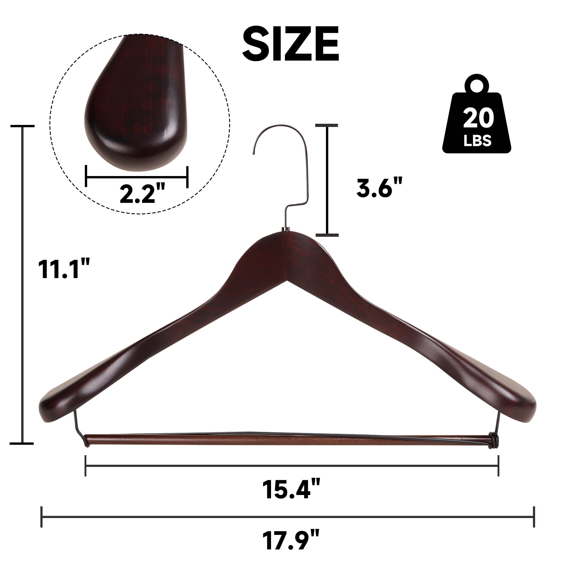 BP4U 2-Pack Premium Wide Shoulder Wooden Suit Hangers, Heavy-Duty Non-Slip Solid Wood Coat Hangers with Locking Bar for Suits & Coats(Dark Cherry)