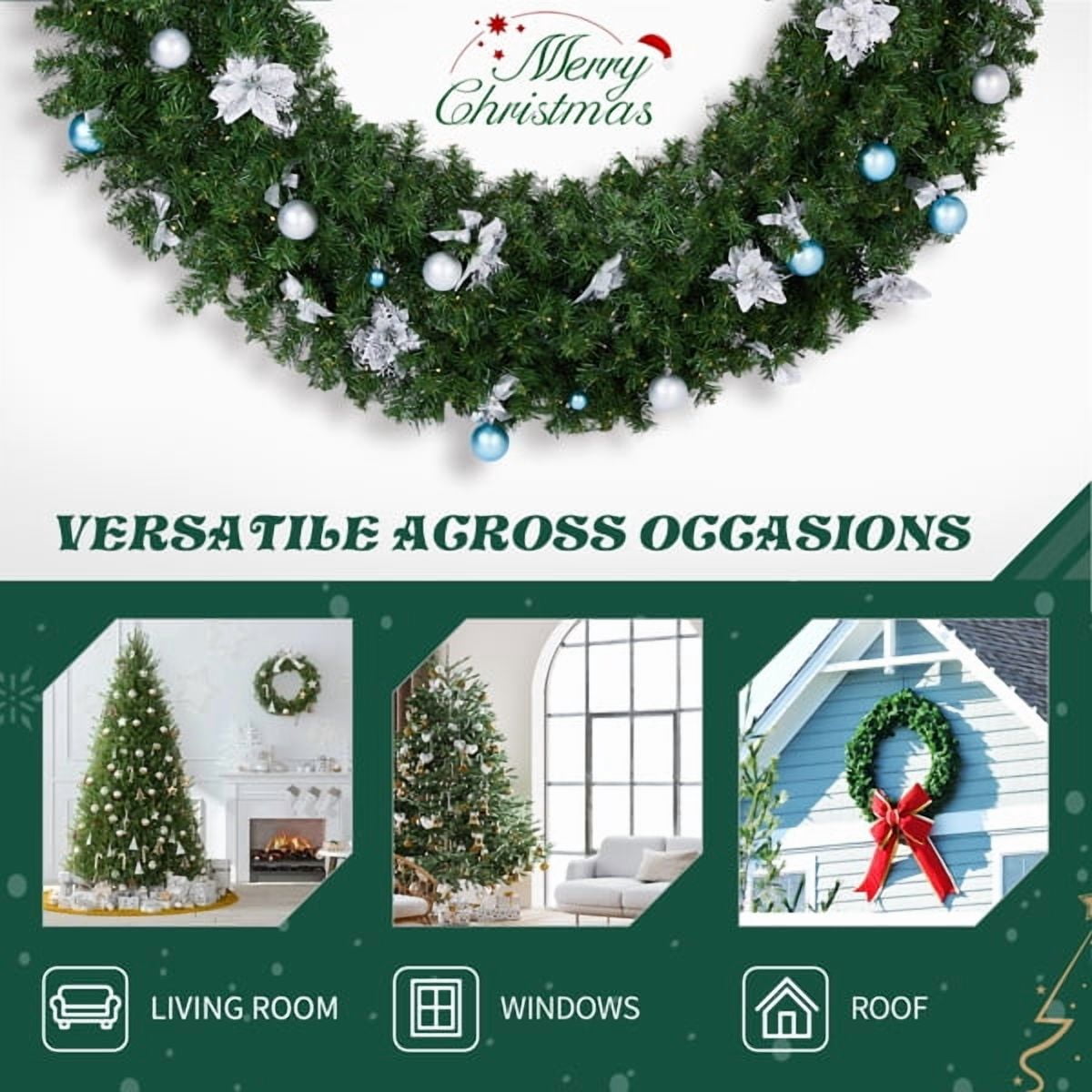 60in Lighted Artificial Christmas Wreath, 600 PVC Tips, 220 Warm/Cold White LEDs (11 Modes), DIY Ornaments for Front Door/Mantel/Gate