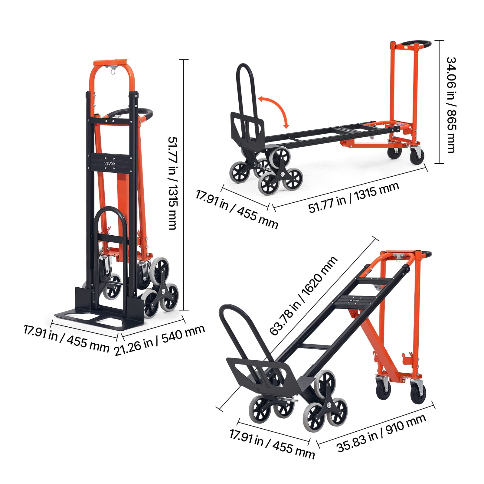 VEVOR 3 in 1 Industrial Convertible Stair Climbing Cart, 770 lbs Max Load, Folding Hand Truck Dolly with Handle & Wheels, Stair Climbing Utility Trolley for Transport & Moving, Orange & Silver