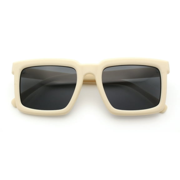 Beveled Thick Plastic Retro Horn Rim Rectangle Sunglasses Ivory - Black