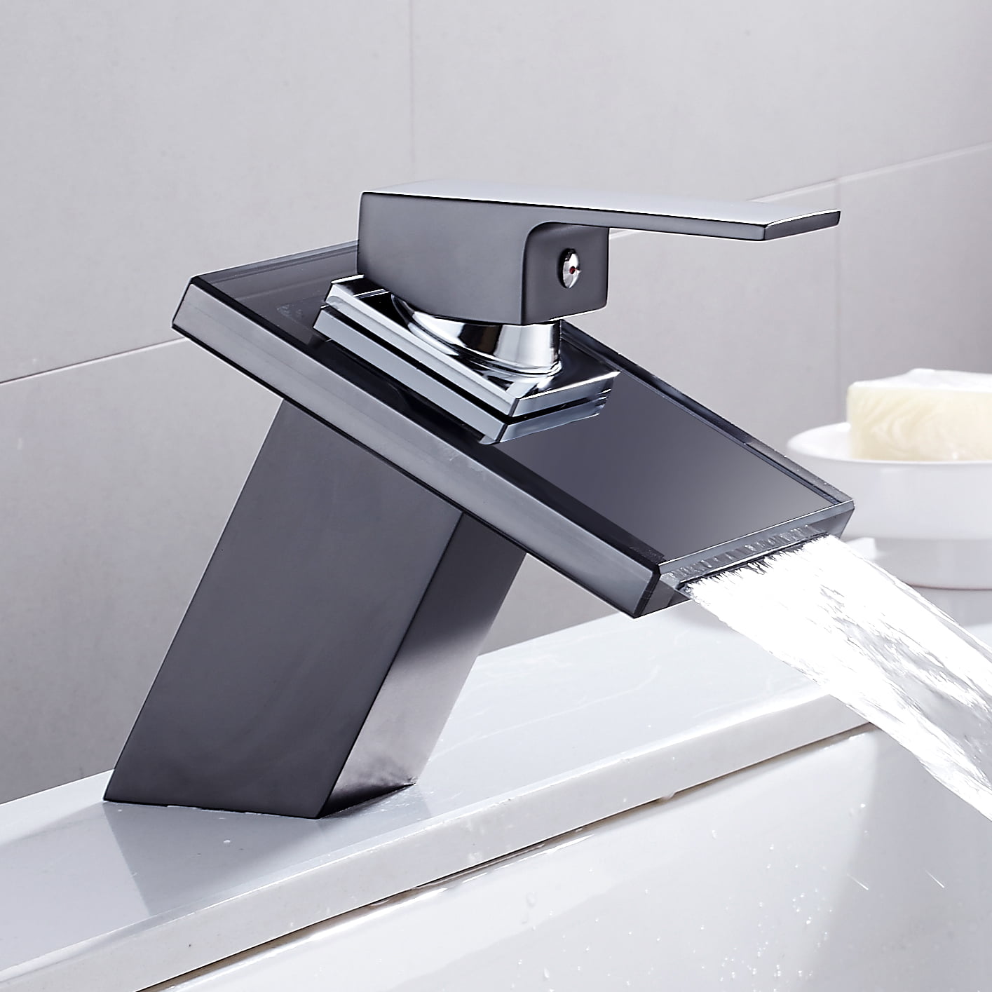 Bathroom Basin Faucet Tempered Glass Waterfall Spout Deck Mount 1 Hole Mixer Tap 