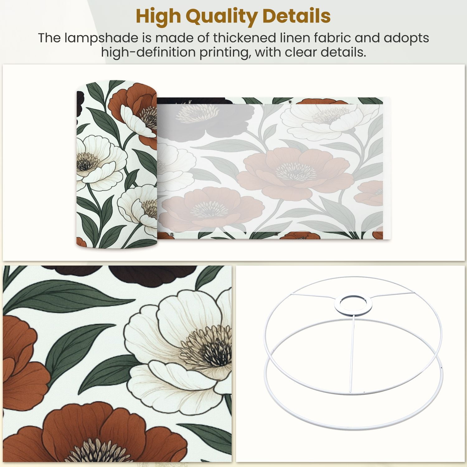 Linen Drum Lampshades Boho Brown Green Orange Peony Floral Vintage Peony Flowers 13"x13"x10" Light Shade for Table Lamps Floor Lamps Drum Lamp Shades Lampshade Replacement Assembly Required