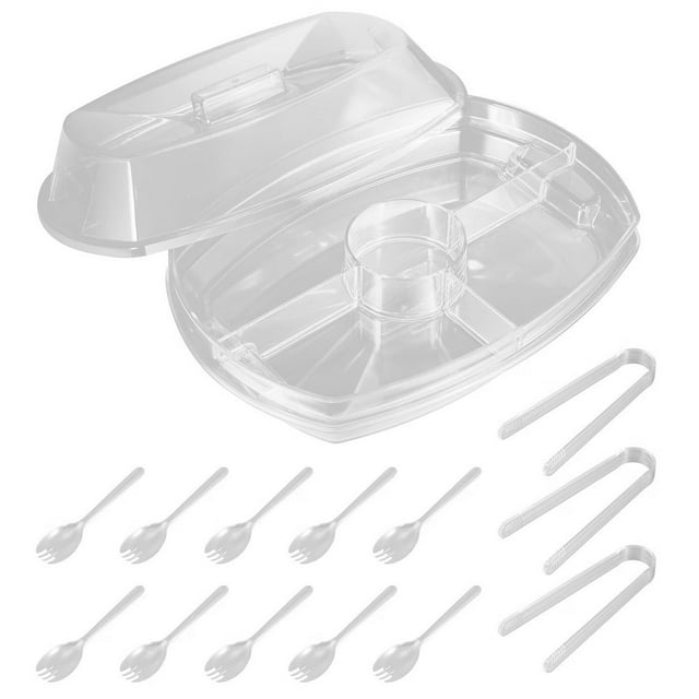 CNKOO Serveur de Condiments Réfrigérés avec 4 Compartiments Récipient de Service Réfrigéré Clair avec Couvercle Réutilisable Plateau de Glace Partie Plateau de Garniture Réfrigéré Portable Station de Garniture Réfrigérée pour la Maison