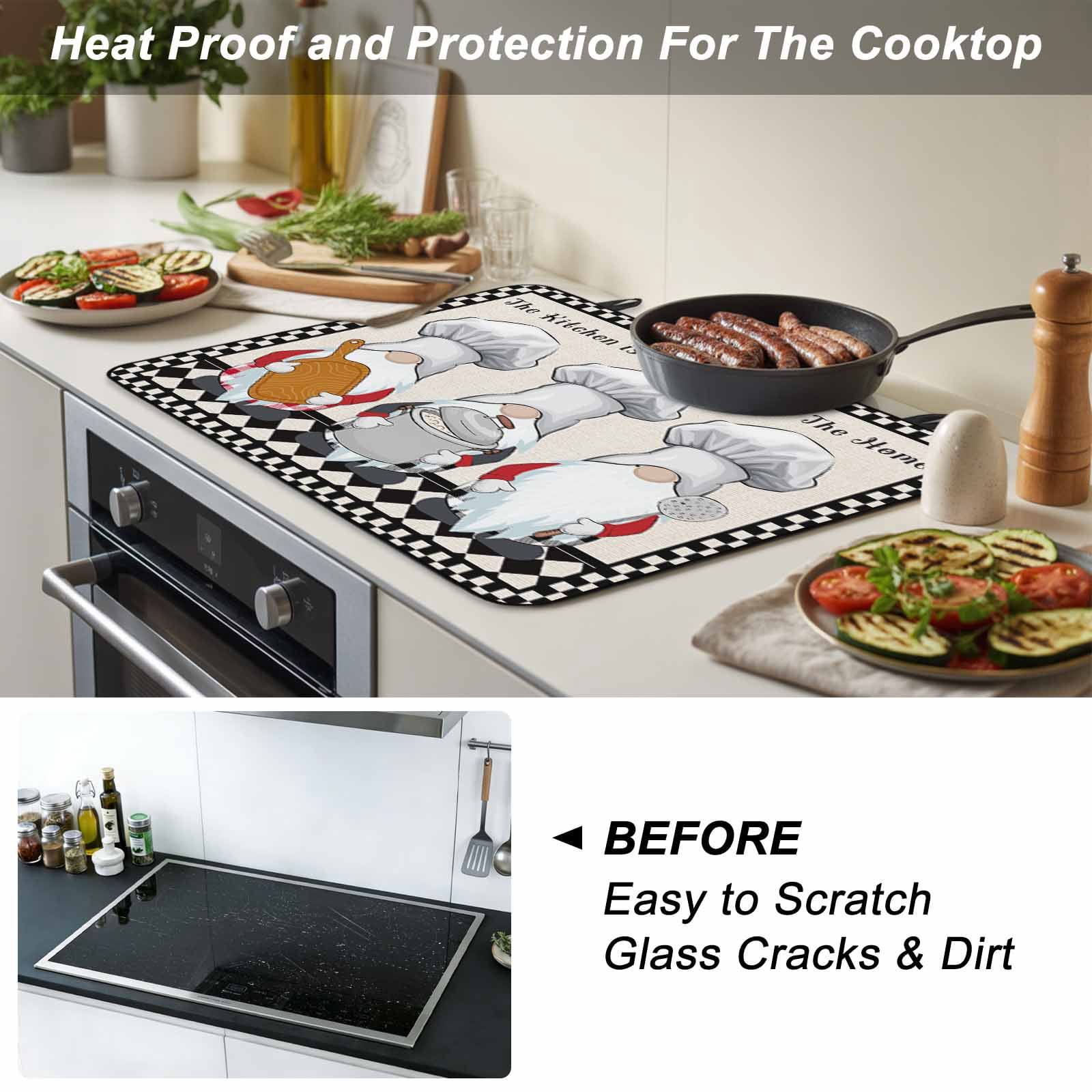Beige Chef Gourmet Stove Top Cover for Electric Stove, Heat-proof & Non Slip Glass Top Stove Cover Protector, Black White Plaid Kitchen Cook Kitchen Flat Cooktop Rubber Mat 24x21 Inches
