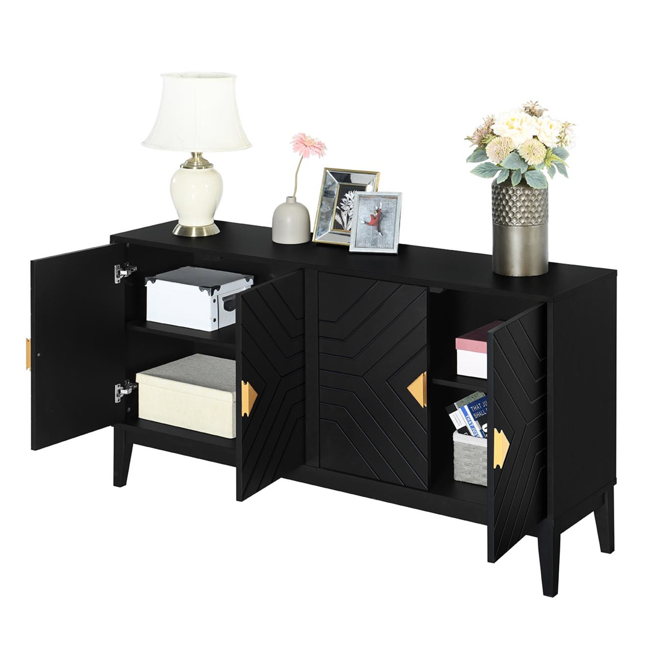 Nocle House Farron Modern 4-Door Storage Cabinet with Adjustable Shelves, Rubberwood, Black + Gold