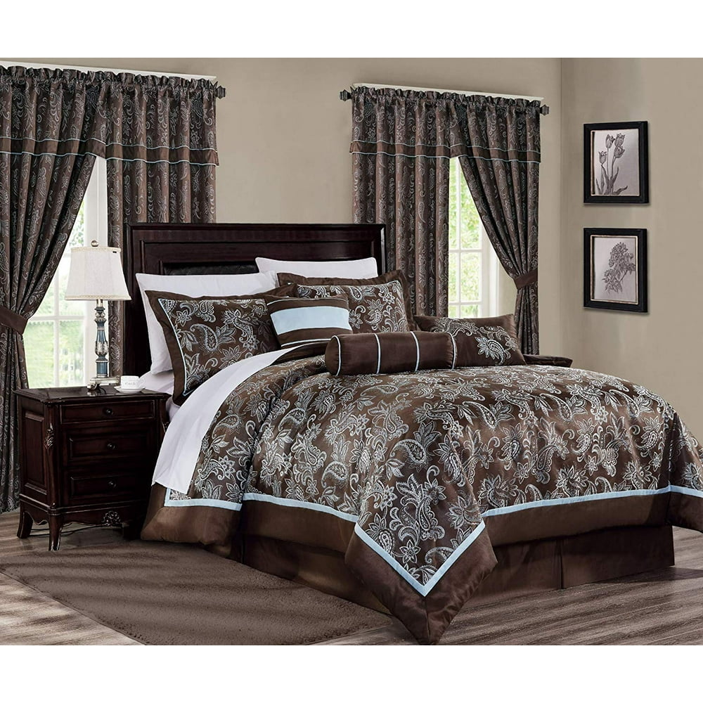 Chezmoi Collection Tuscany 7Piece Blue Brown Paisley Floral Jacquard Comforter Bedding Set