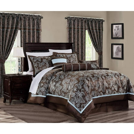 Chezmoi Collection Tuscany 7-Piece Blue Brown Paisley Floral Jacquard Comforter Bedding Set 