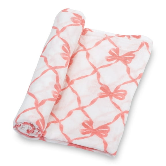 LollyBanks Pink Bow Bliss Breathable Baby Swaddle Blanket, 100% Muslin Cotton, 47"x47", 1 Pack