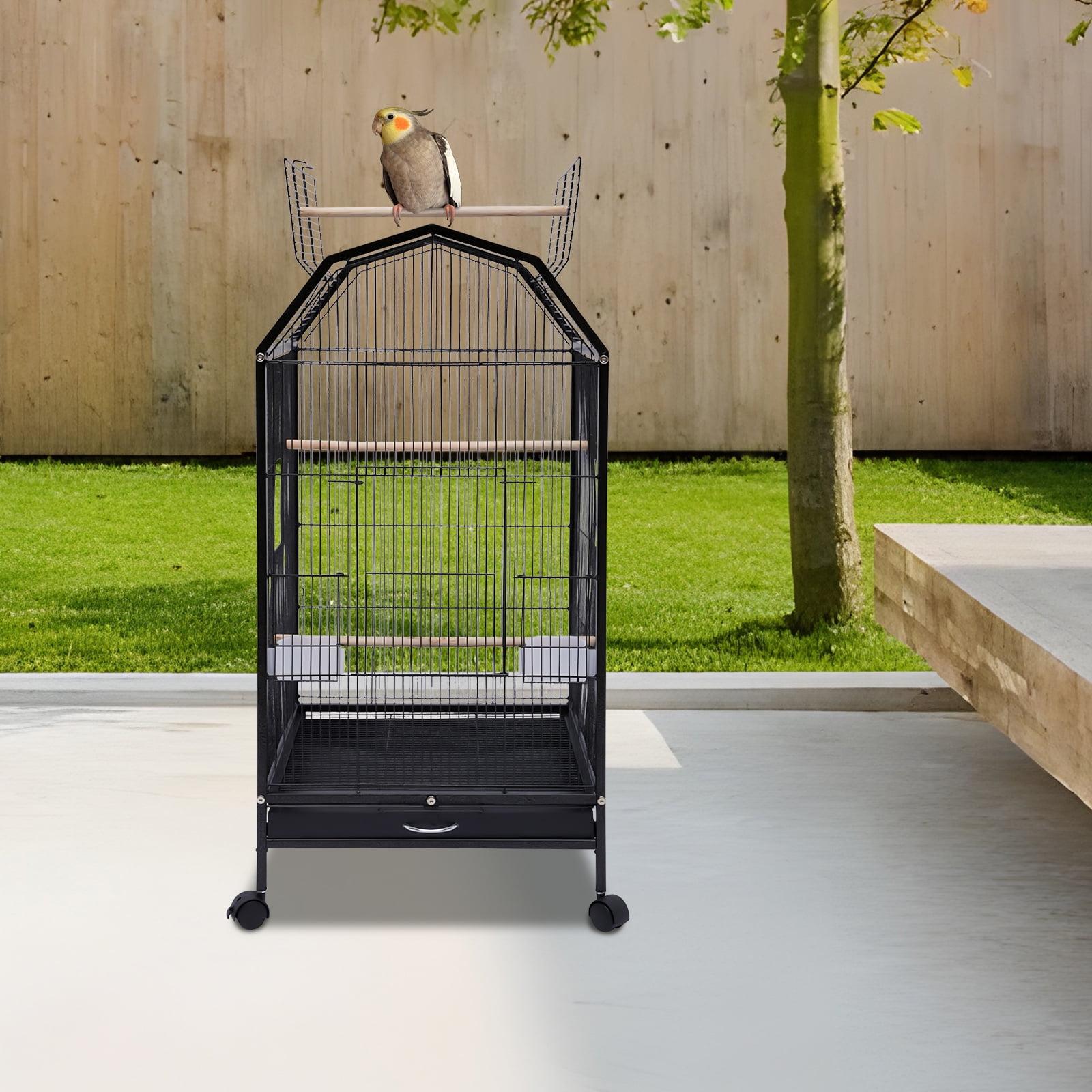 Peakora Parakeet Bird Cage with Stand Metal Pet Bird Flight Cages Large Finch Bird Cage for Conure Canary Parekette Parrot Pet House, Black
