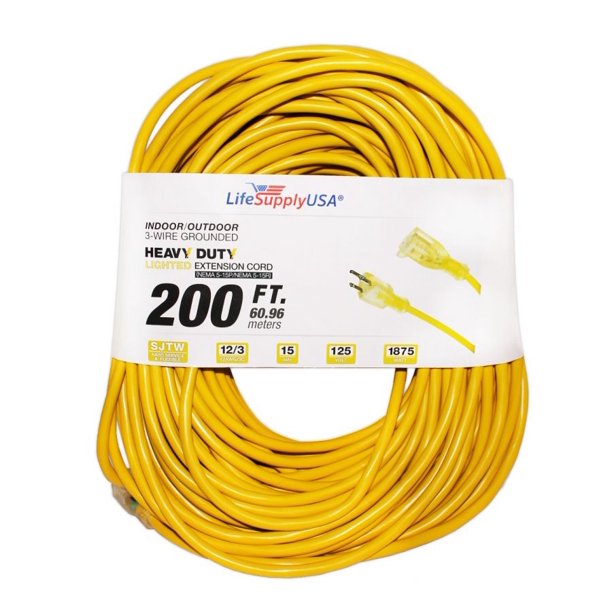12/3 200ft SJTW 15 AMP 125 Volt 1875 Watt Lighted End Heavy Duty Indoor