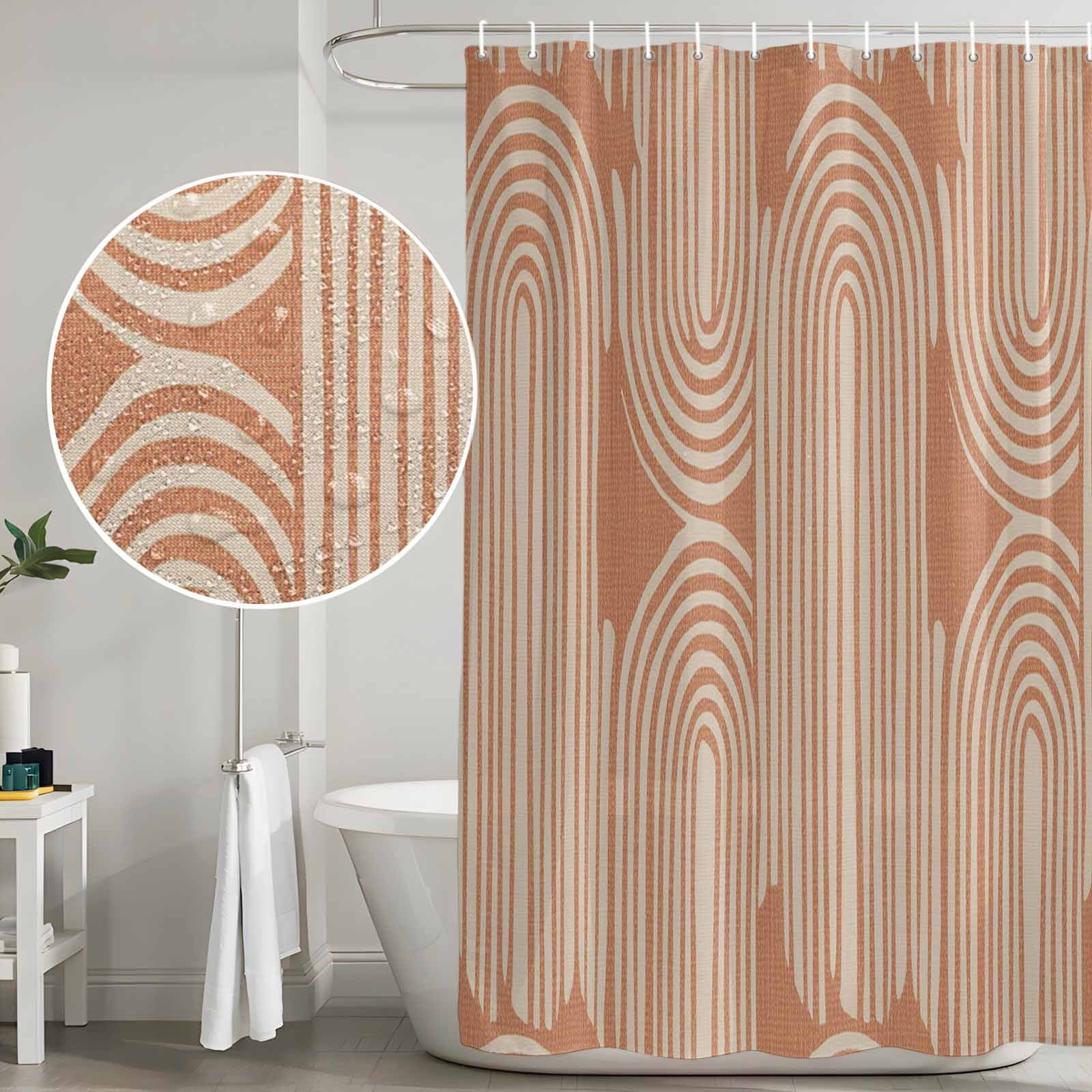 Line Texture Shower Curtain, Waterproof Shower Curtains for Bathroom, Orange Abstract Art Retro Washable Fabric Bathtub Curtain Set Bath Decor with 12 Hooks 72"x78"