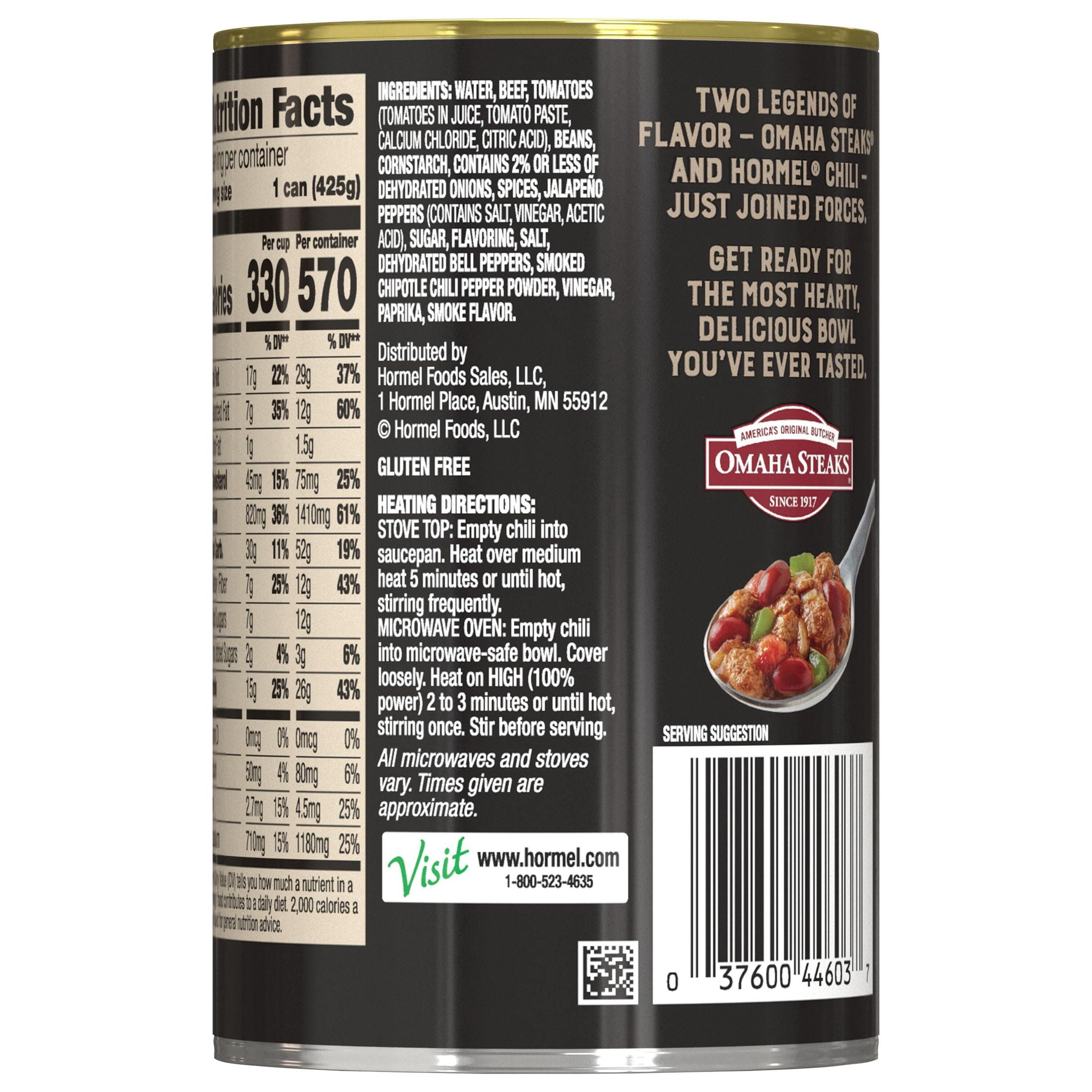 (4 pack) Hormel Chili Omaha Steaks Beef Chili With Beans, 100% Natural, Canned Chili, Shelf Stable 15 oz Can