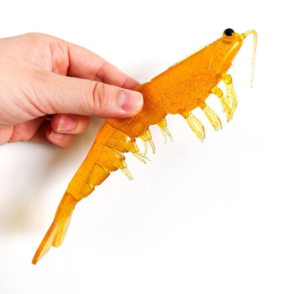 Soft Shrimp Lure 22.5cm 38g TPE Fishing Bait Realistic 3D Eyes Saltwater Freshwater Multi Jointed Segmented Body with Glitter Sequins Floating Artificial Bait for Sea Boat Fishing 7 Colors
