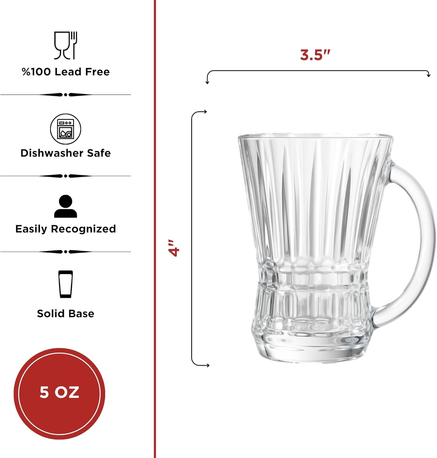 Clear Glass Coffee and Tea Cups with Handle, Set of 6, 5 oz (150 ml) Glass Mugs for Espresso, Cappuccino, Latte, Mocha, Macchiato, Hot and Cold Beverages, Turkish Tea Glasses, Dishwasher Safe