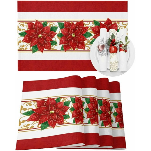 Christmas Placemats Set of 6 Poinsettia Flower Christmas Placemats for Dining Table Red Table Mat Winter Holiday Home Party Kitchen Table Decorations